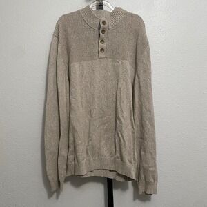 Men's Henley Chunky Knit Pullover XL Tan Cotton Transitional Preppy Capsule